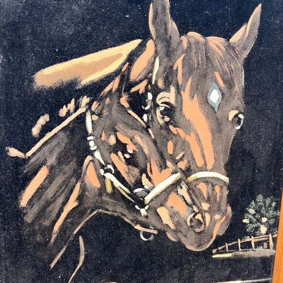 Vintage Black Velvet Painting Of Horses Wood Frame MCM equestrian art - Picture 2 of 6